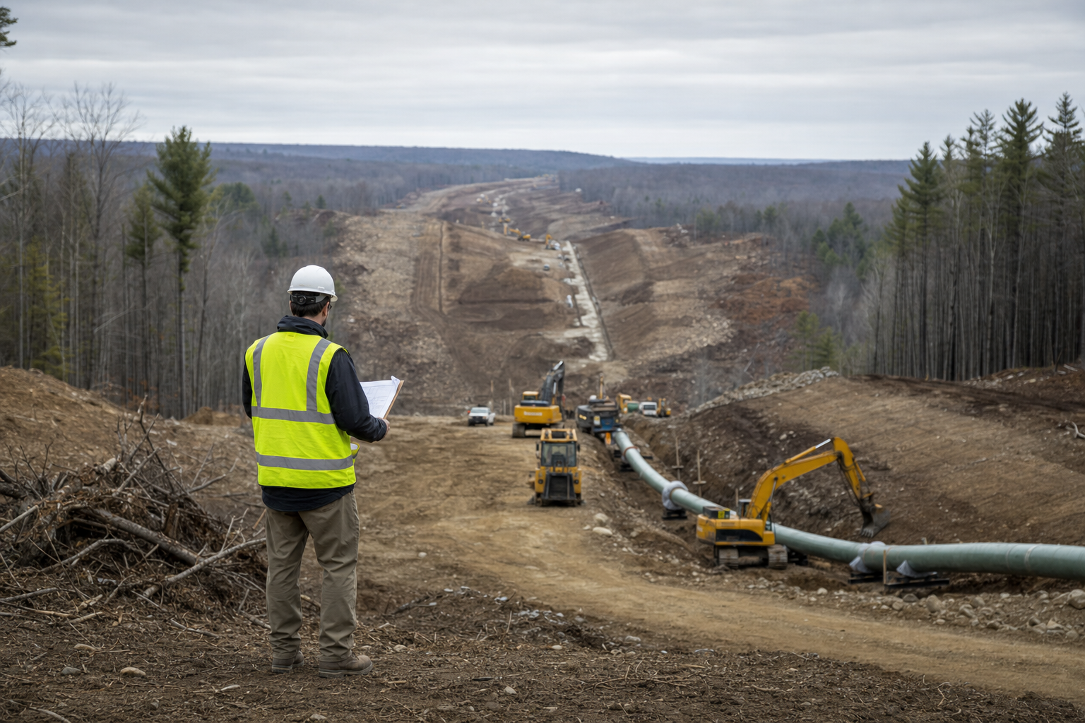 Owner's representative in high-visibility safety gear reviewing plans overlooking an active pipeline right-of-way grading corridor