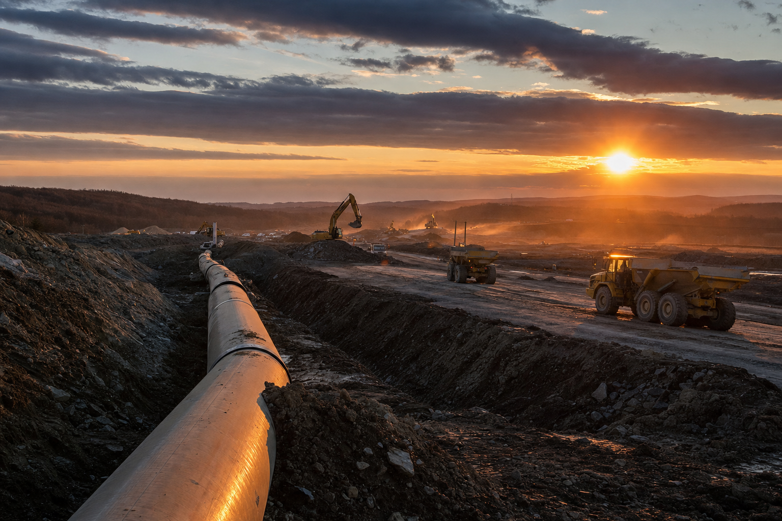 Pipeline trench and mass earthworks grading operation at dusk, heavy equipment working a long haul road corridor